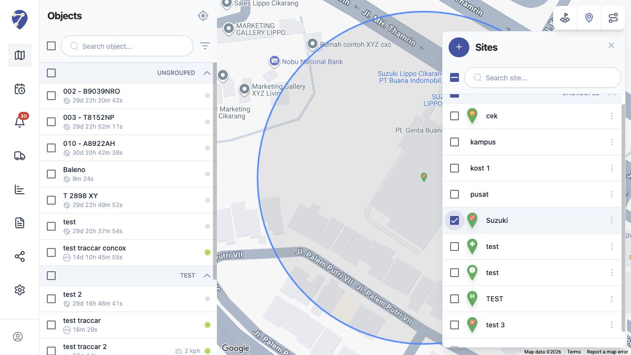 Tampilan Menampilkan Site pada Tracking di Jitra staging