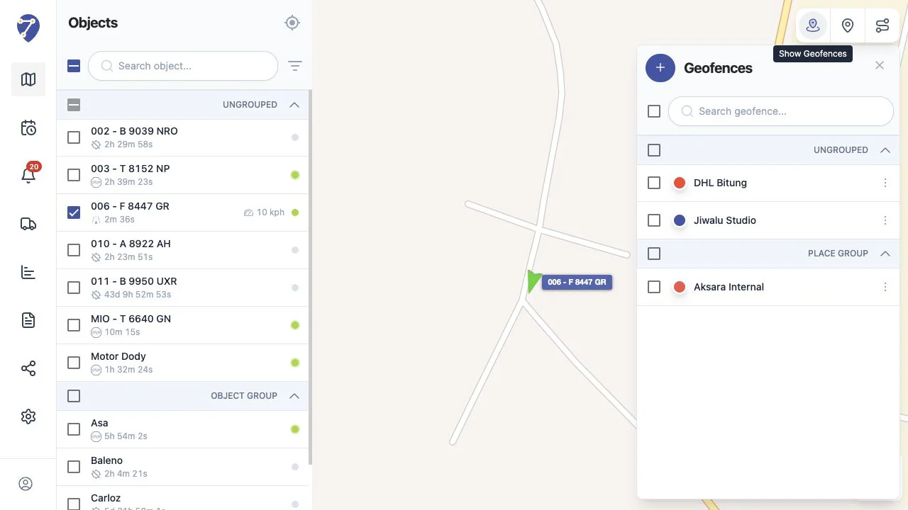 Geofences panel on Jitra Tracking