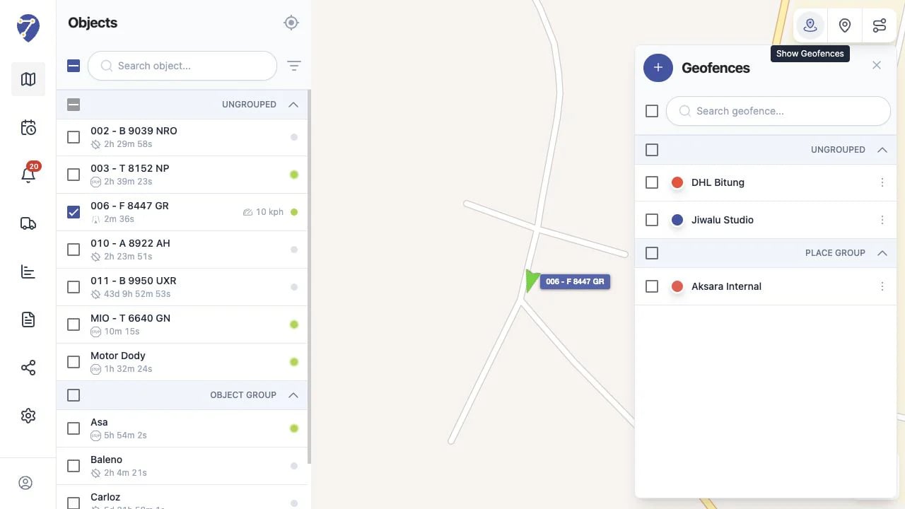 Geofences panel on Jitra Tracking