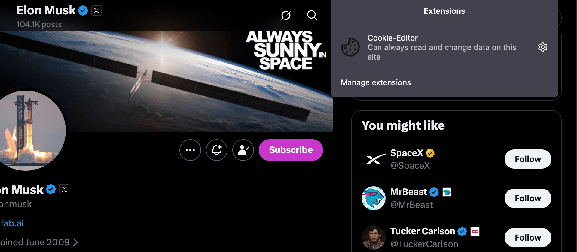 Selecting Cookie-Editor from the extensions menu