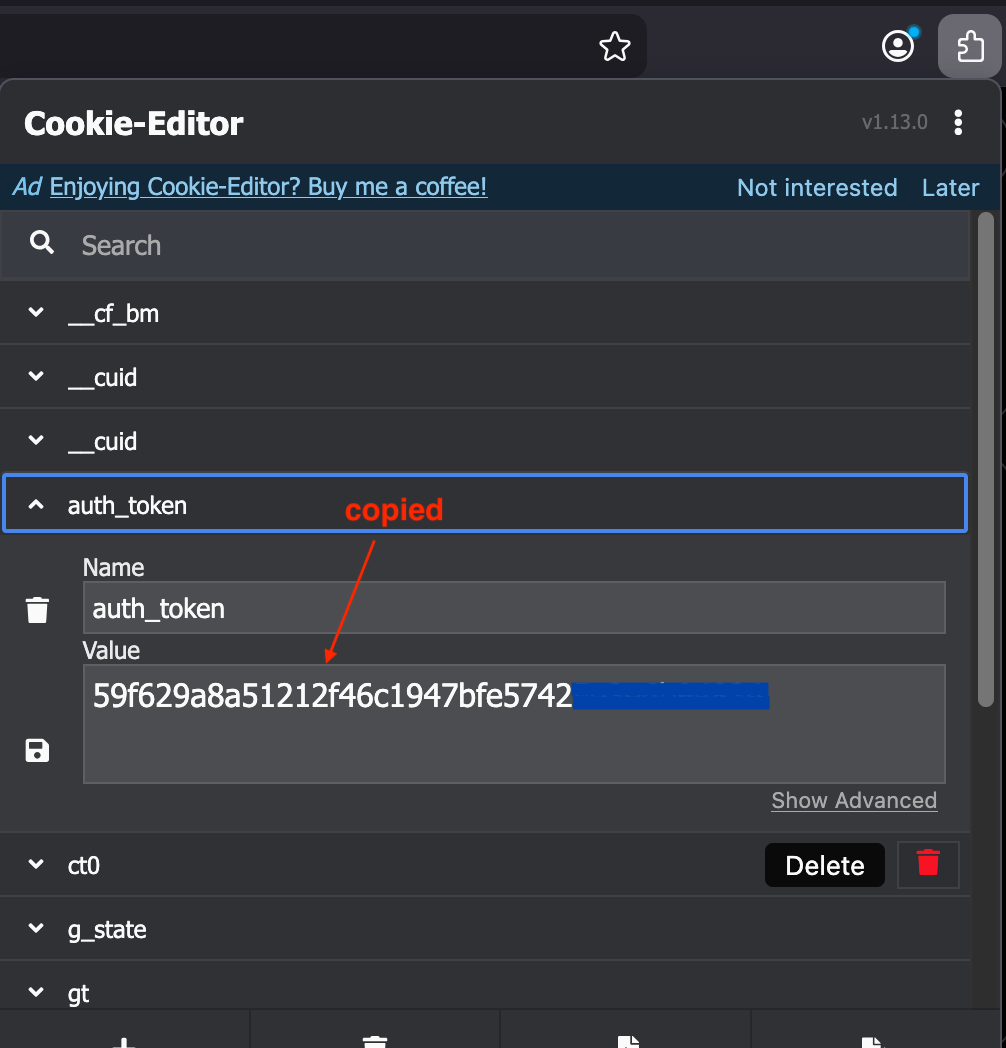 Copying the auth_token cookie value in Cookie-Editor