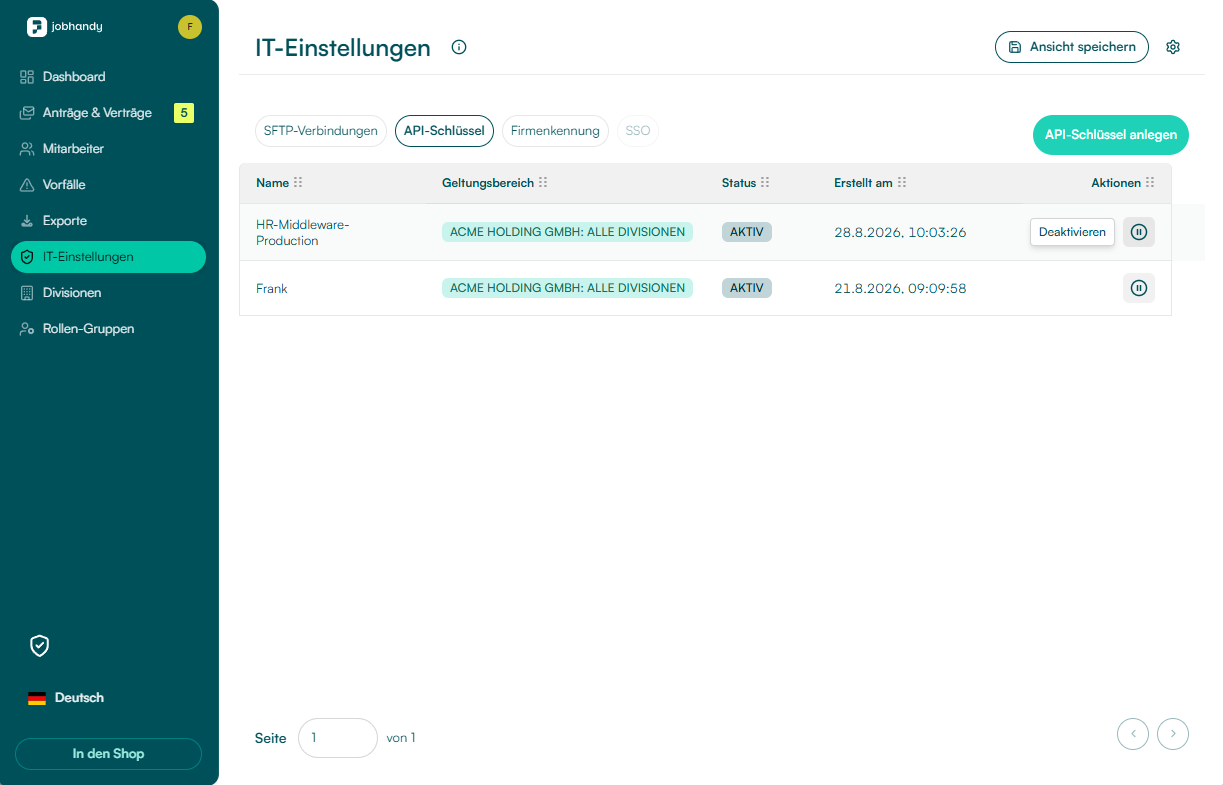 Neu erstellter JobHandy API-Schlüssel mit dem Status AKTIV und der Aktion Deaktivieren