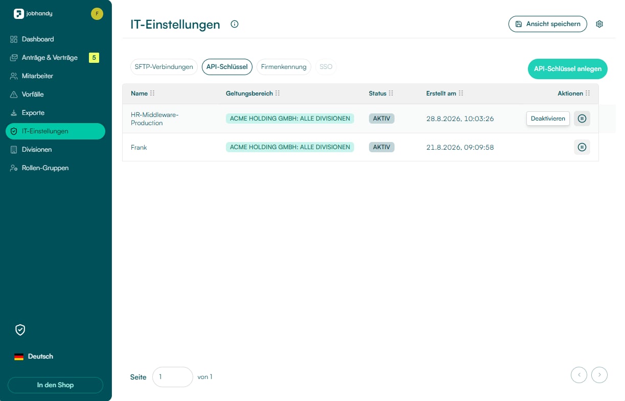 Neu erstellter JobHandy API-Schlüssel mit dem Status AKTIV und der Aktion Deaktivieren