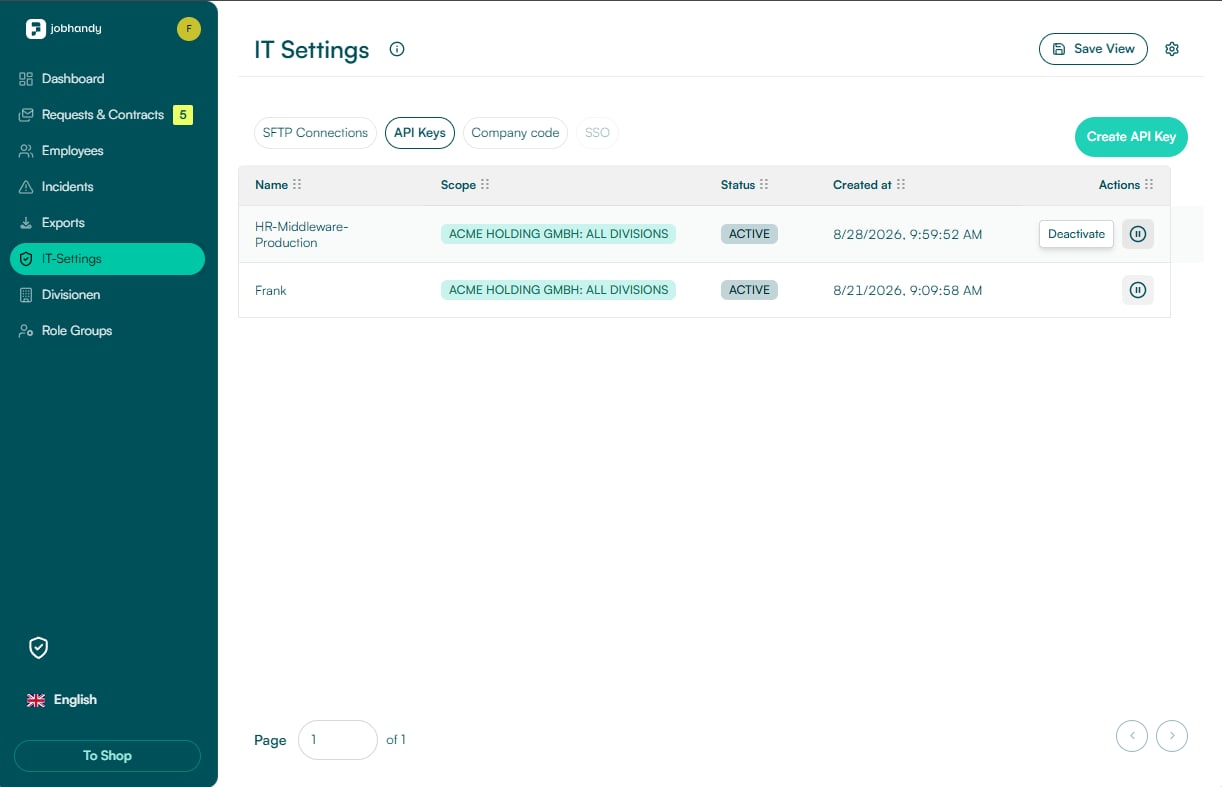 Newly created JobHandy API key with ACTIVE status and the Deactivate action