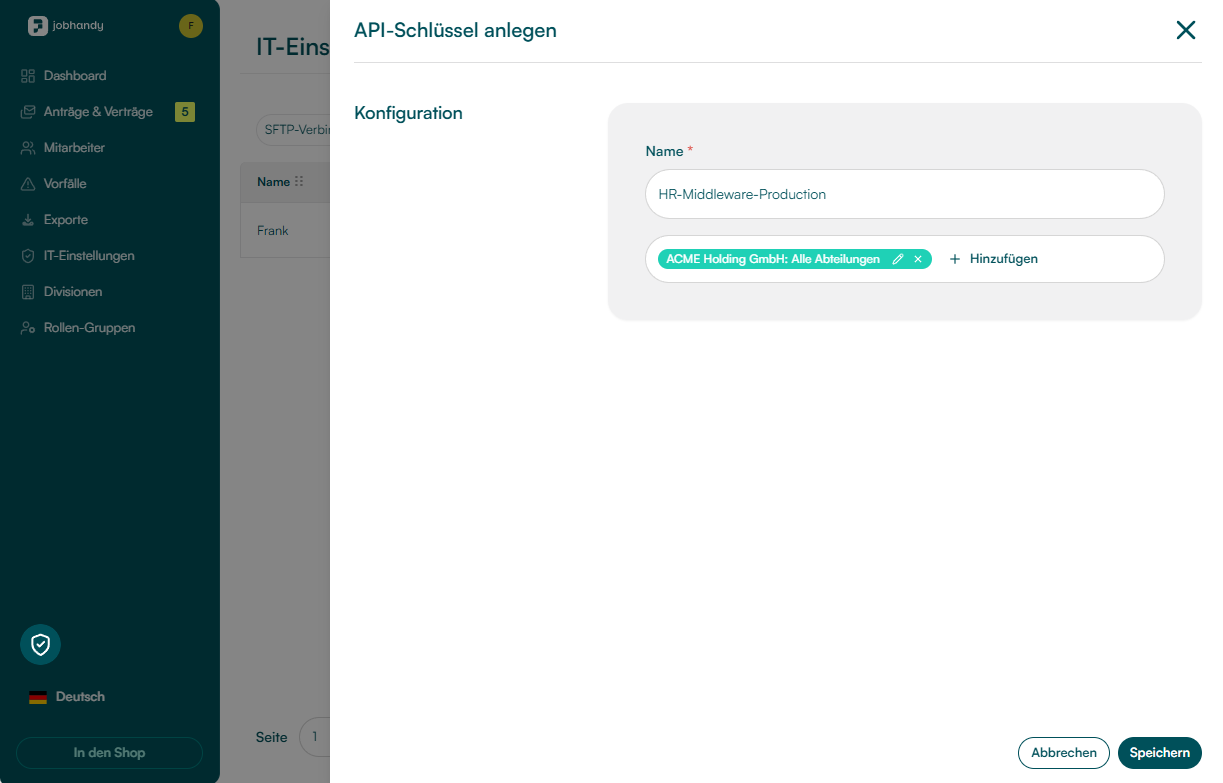 Dialog API-Schlüssel anlegen mit Name und Auswahl des Geltungsbereichs