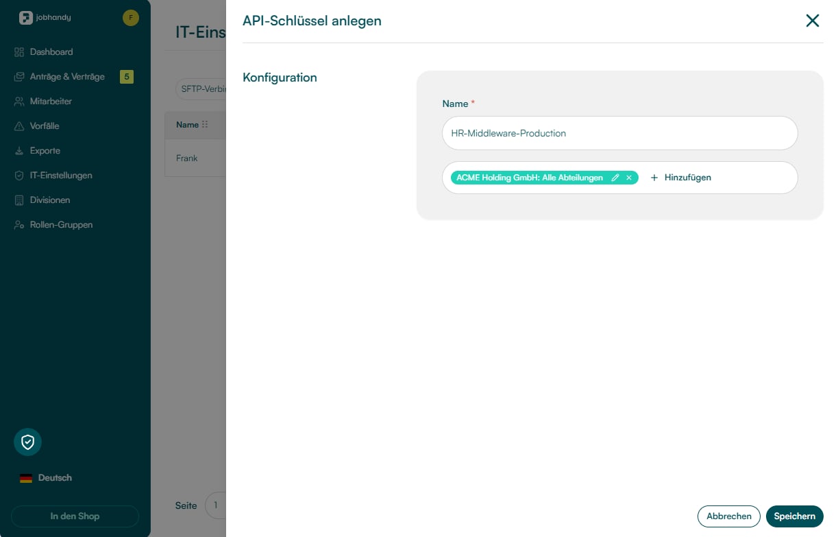 Dialog API-Schlüssel anlegen mit Name und Auswahl des Geltungsbereichs