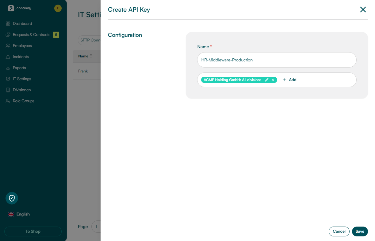 Create API Key dialog showing the key name and scope selection