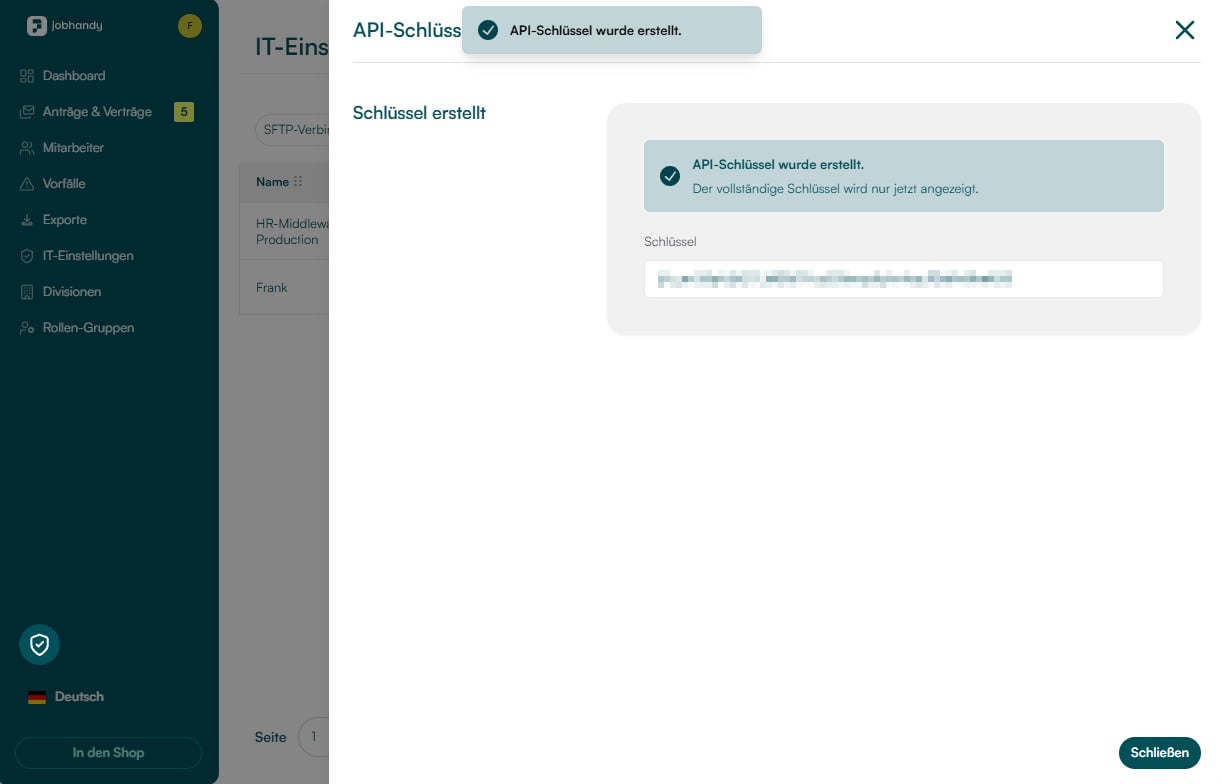 Bestätigung nach der Erstellung eines JobHandy API-Schlüssels