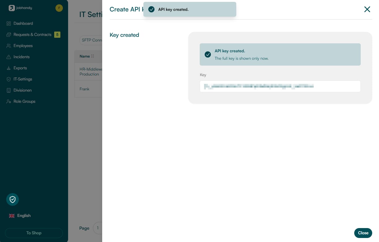 Confirmation after creating a JobHandy API key