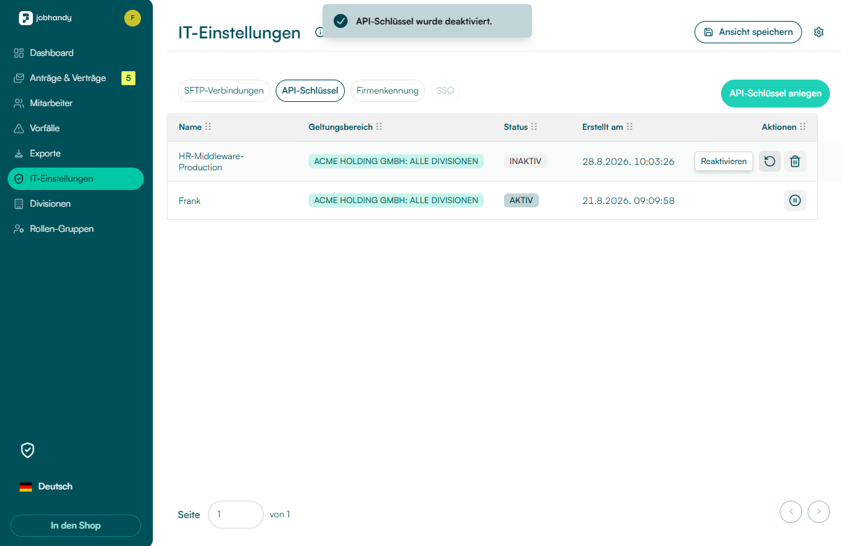 Inaktiver JobHandy API-Schlüssel mit den Aktionen Reaktivieren und Löschen
