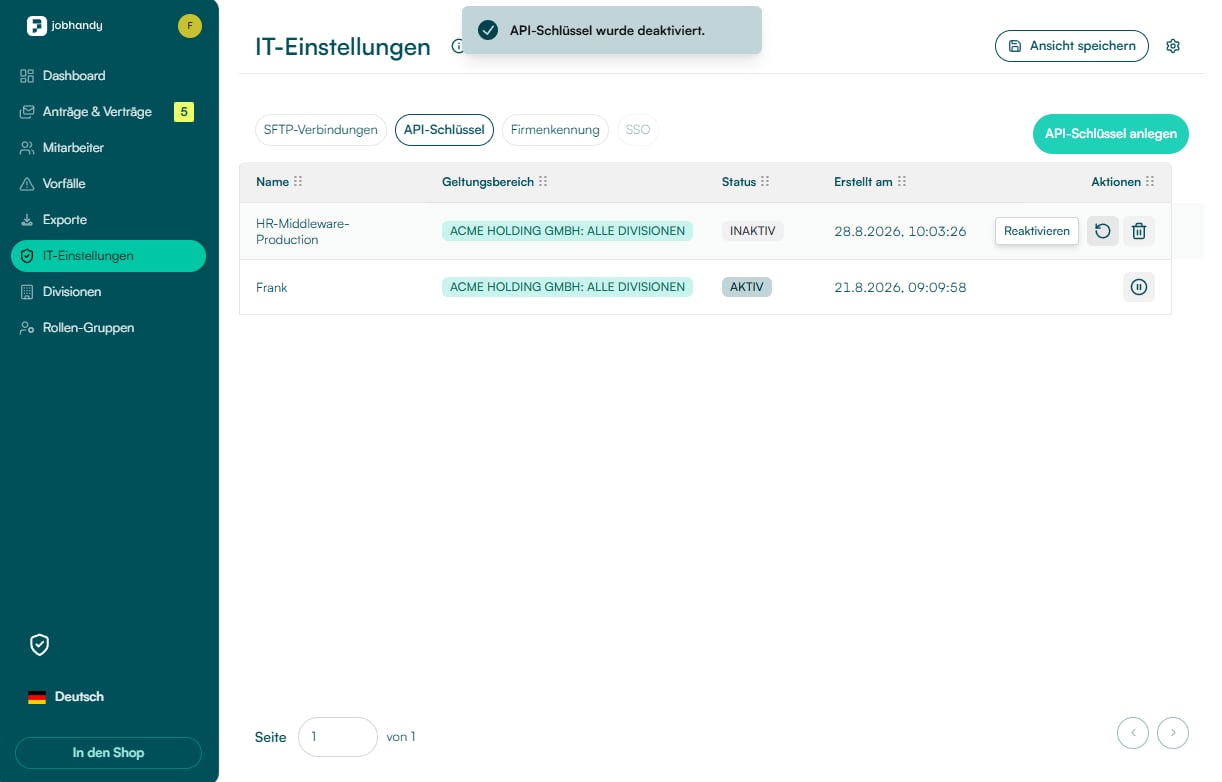 Inaktiver JobHandy API-Schlüssel mit den Aktionen Reaktivieren und Löschen
