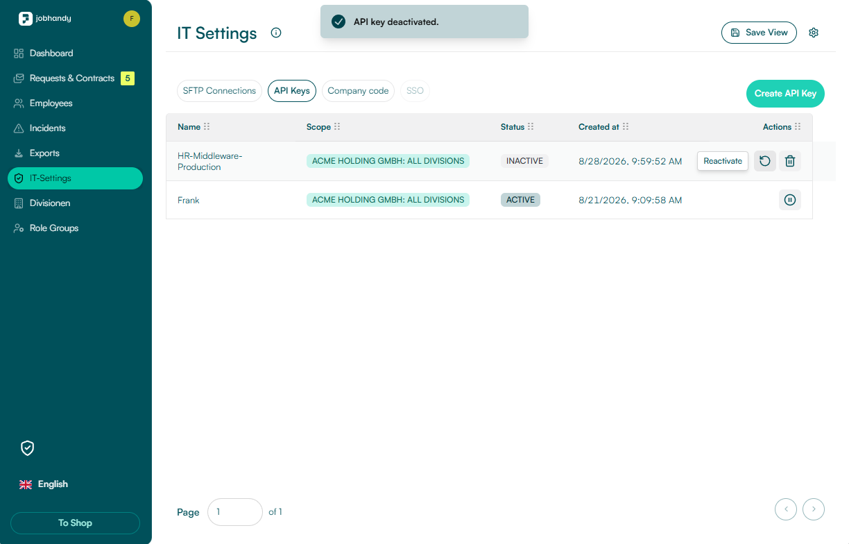 Inactive JobHandy API key showing Reactivate and Delete actions