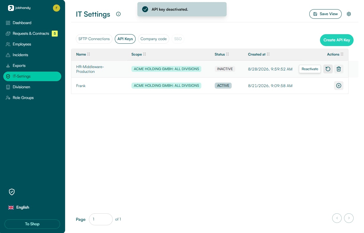 Inactive JobHandy API key showing Reactivate and Delete actions