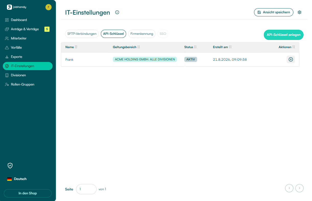 JobHandy IT-Einstellungen mit dem Tab API-Schlüssel, vorhandenen API-Schlüsseln und der Schaltfläche API-Schlüssel anlegen
