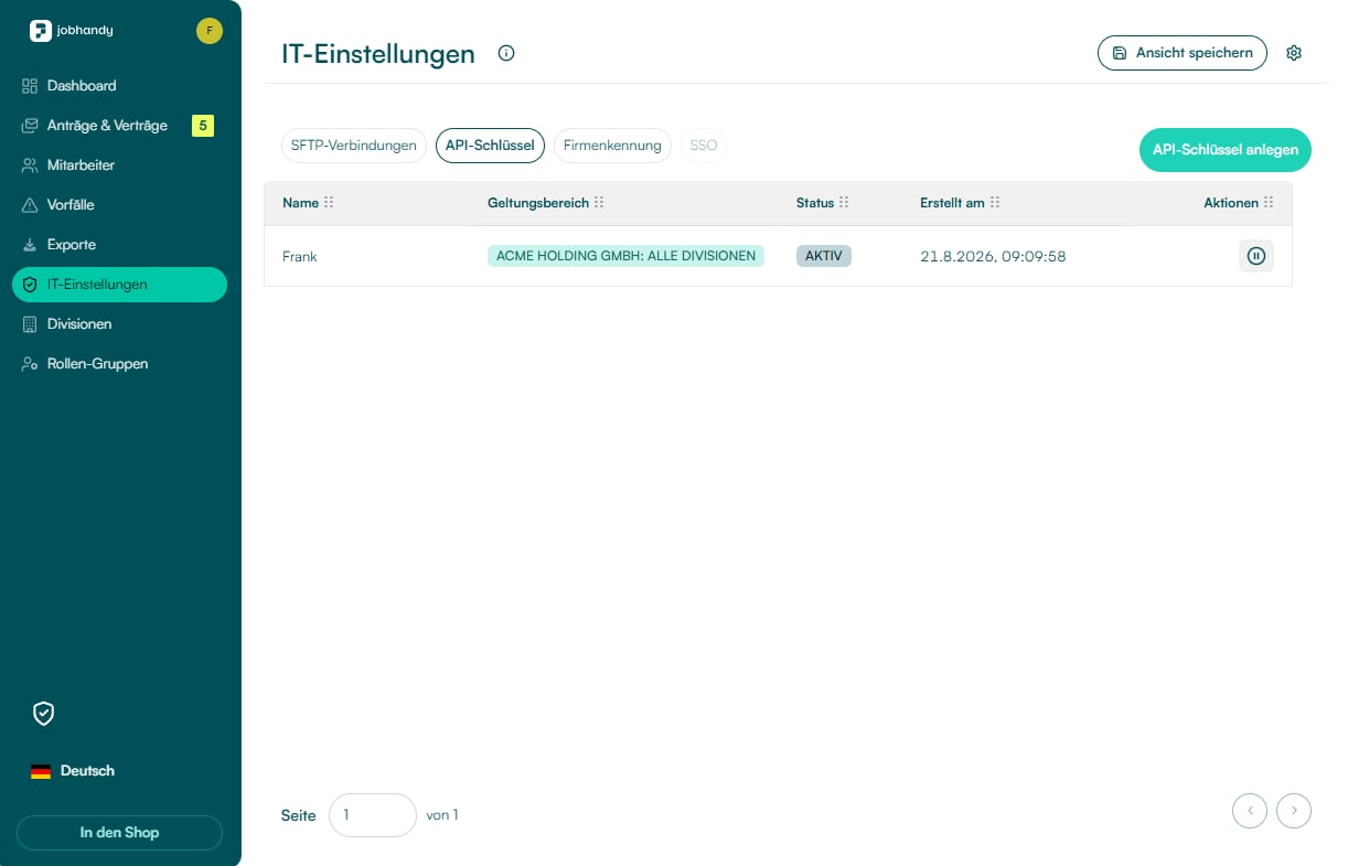 JobHandy IT-Einstellungen mit dem Tab API-Schlüssel, vorhandenen API-Schlüsseln und der Schaltfläche API-Schlüssel anlegen