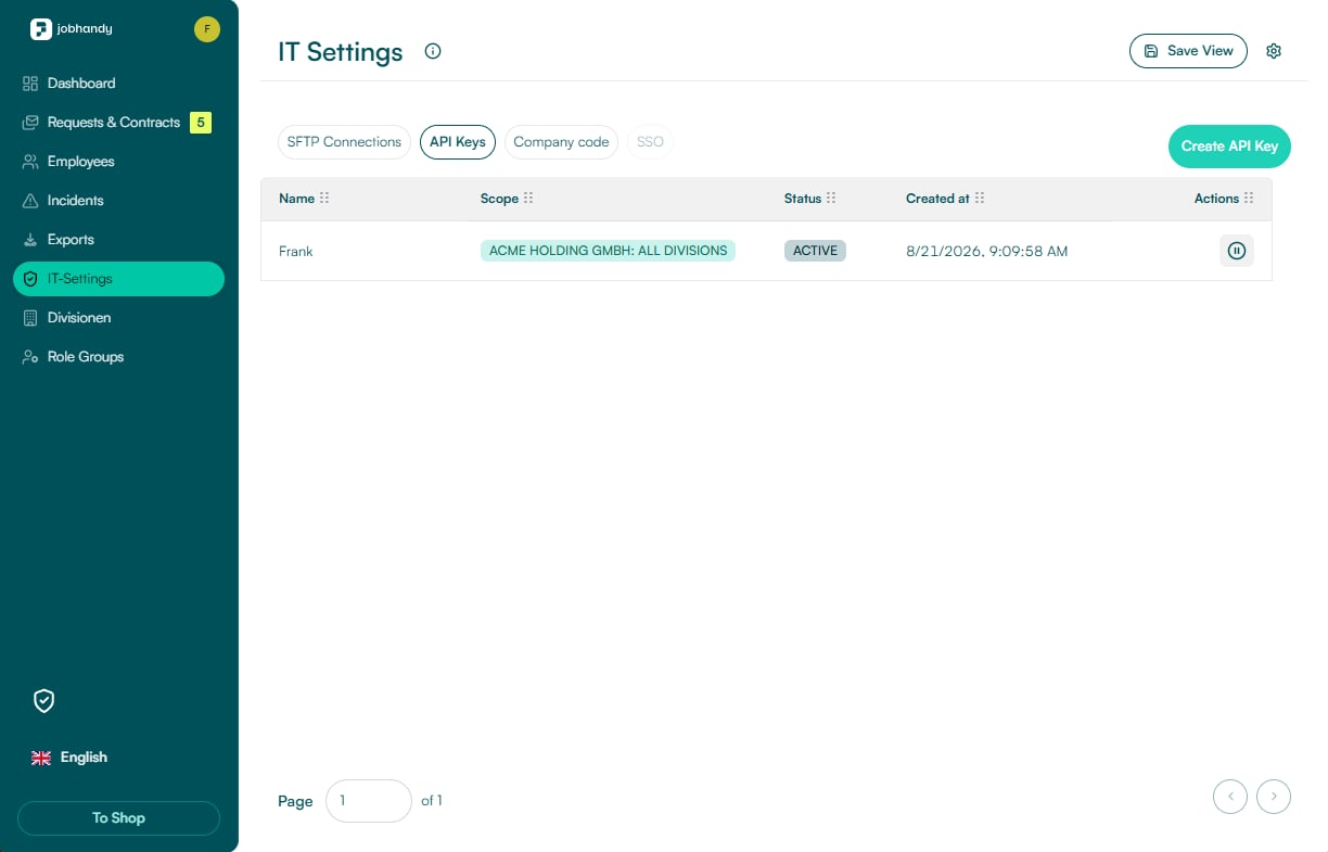 JobHandy IT Settings with the API Keys tab, existing API keys, and the Create API Key button