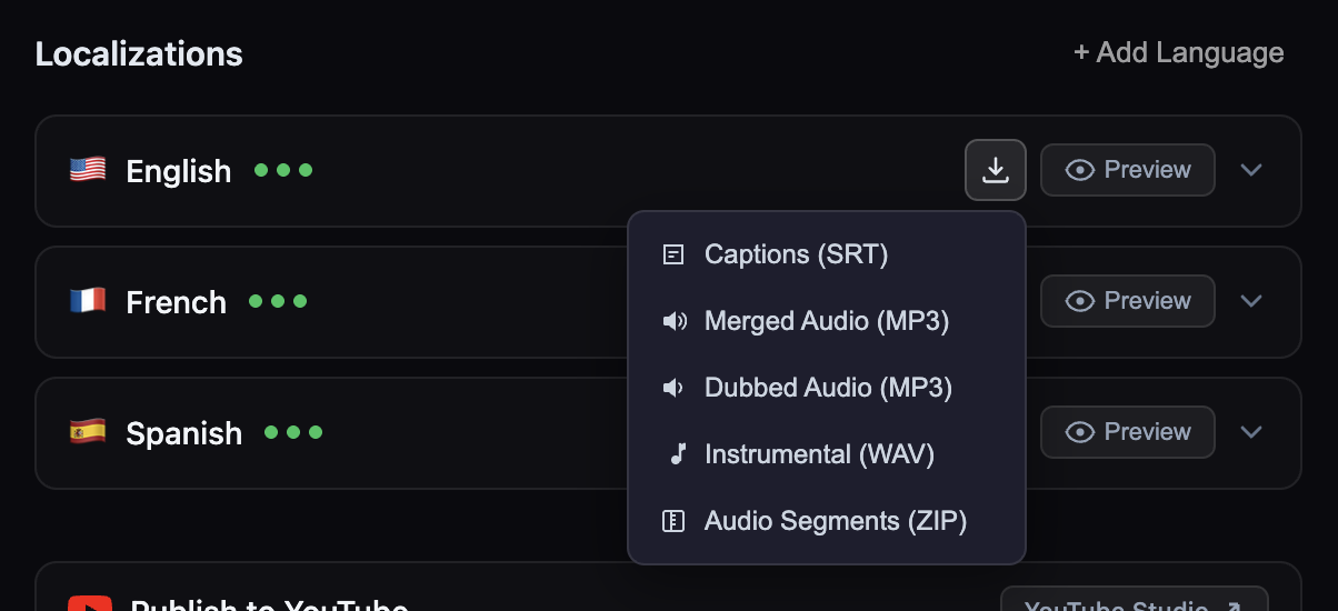 Download menu showing all export options