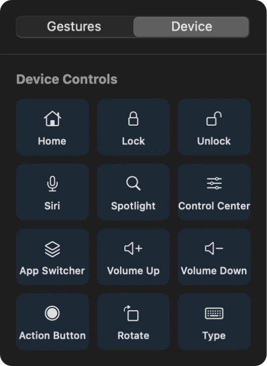 Device tab showing home, lock, siri, spotlight, volume, and more