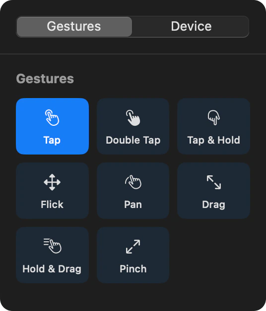 Gestures tab showing tap, double tap, flick, pan, drag, and pinch