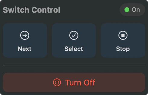 Switch Control on with Next, Select, Stop buttons and Turn Off