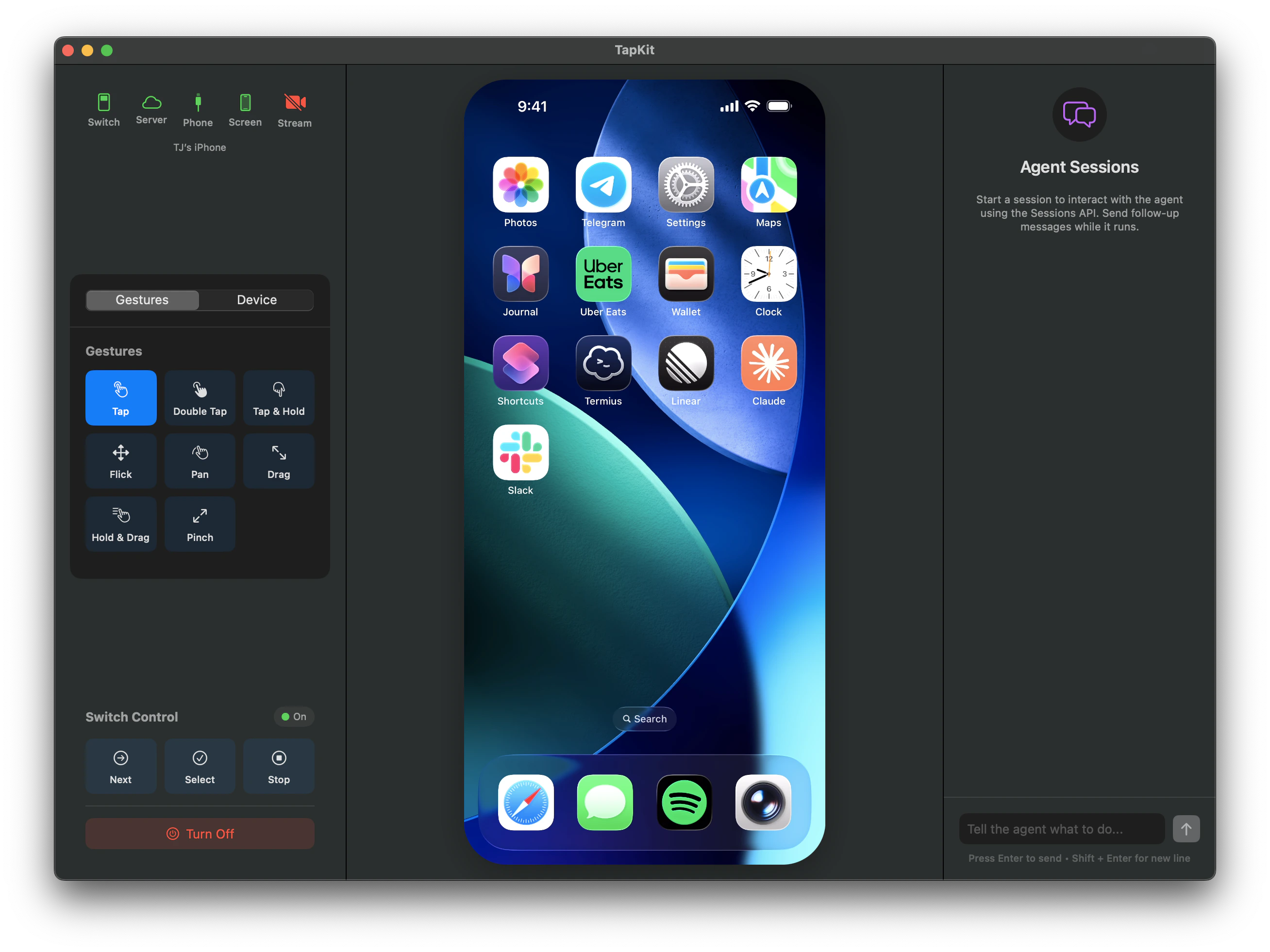 TapKit Mac app showing connected iPhone with gestures panel and agent sessions