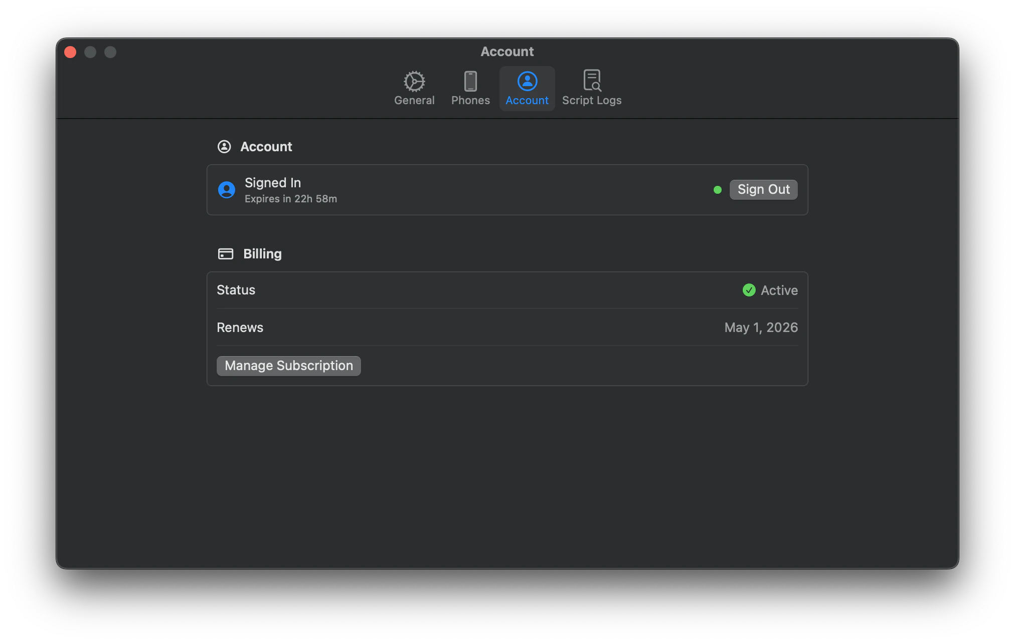 Account settings showing sign-in status, billing, and manage subscription