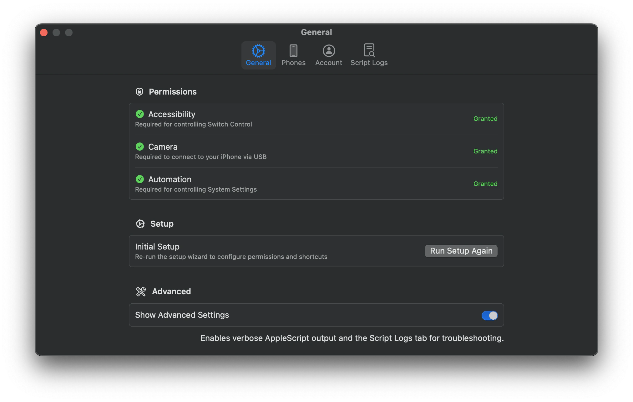 General settings showing permissions, setup, and advanced options