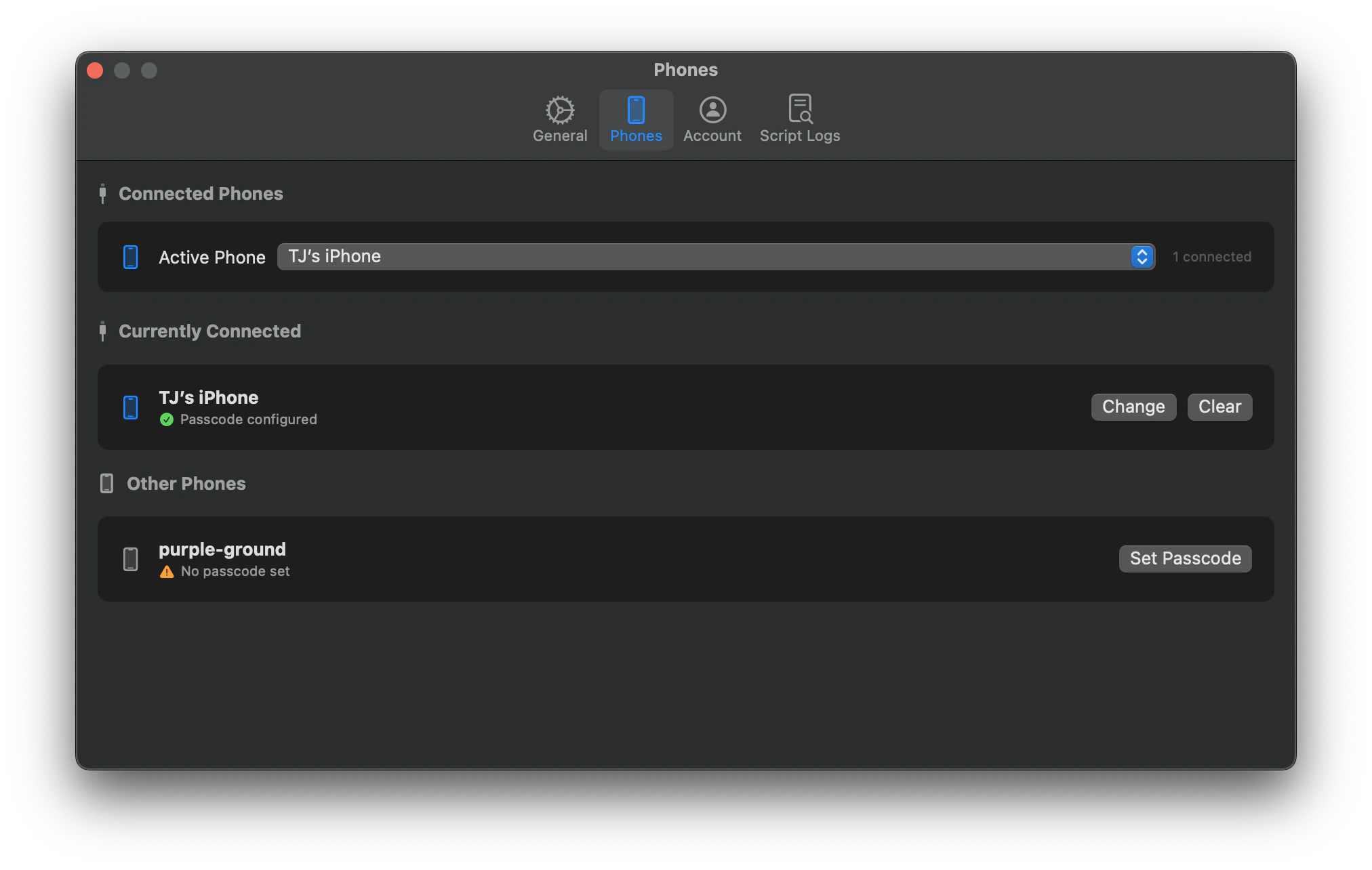 Phones settings showing active phone, connected phones, and passcode configuration