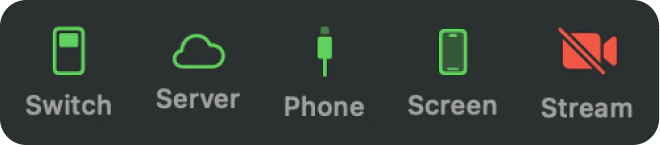 Status bar showing Switch, Server, Phone, Screen, and Stream indicators