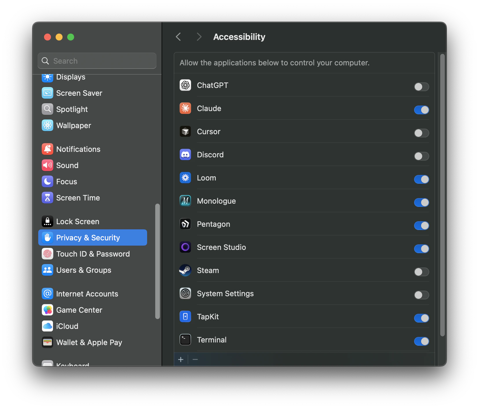 macOS Accessibility permission settings showing TapKit enabled