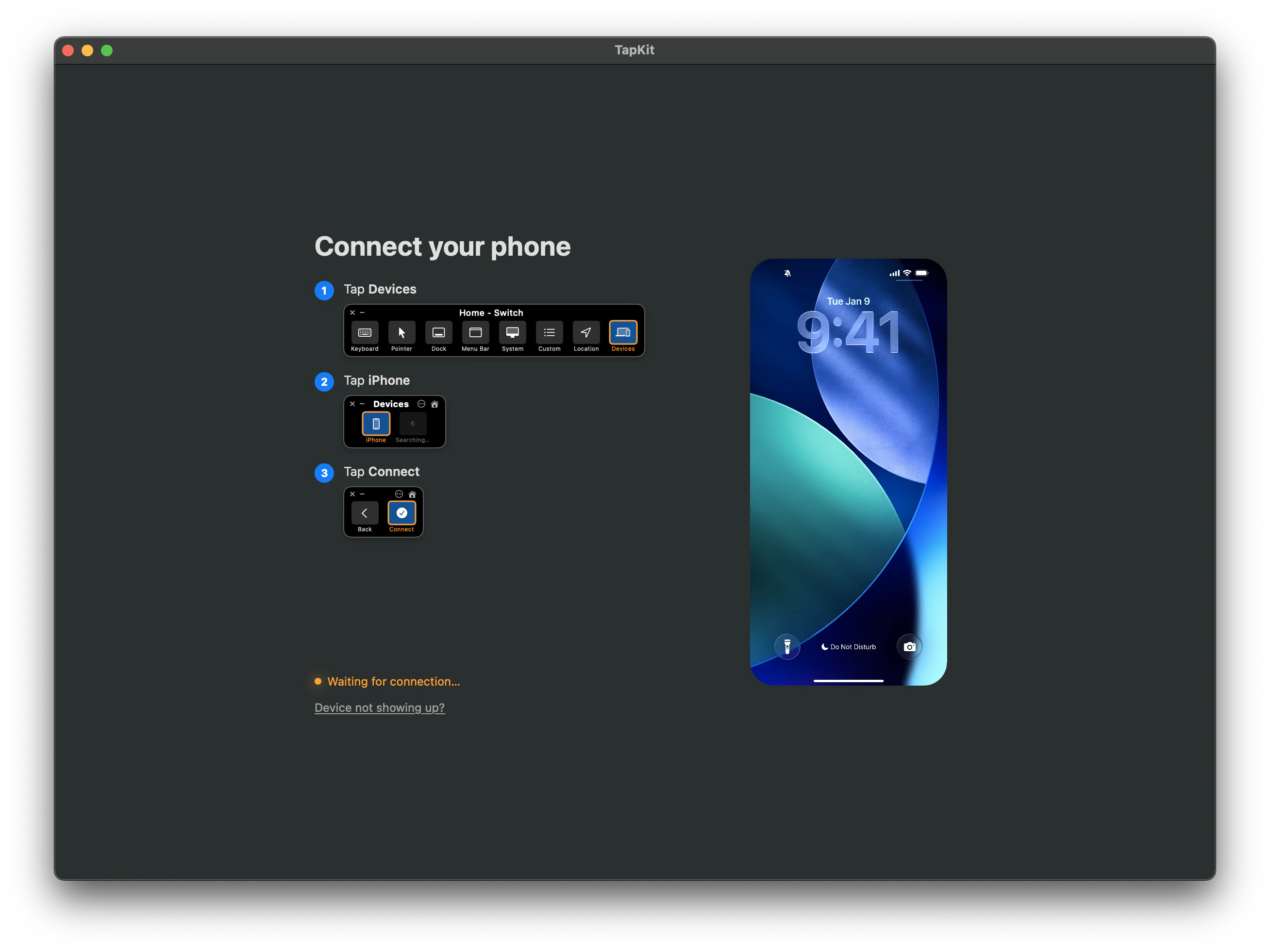 Connect your phone steps: Tap Devices, Tap iPhone, Tap Connect