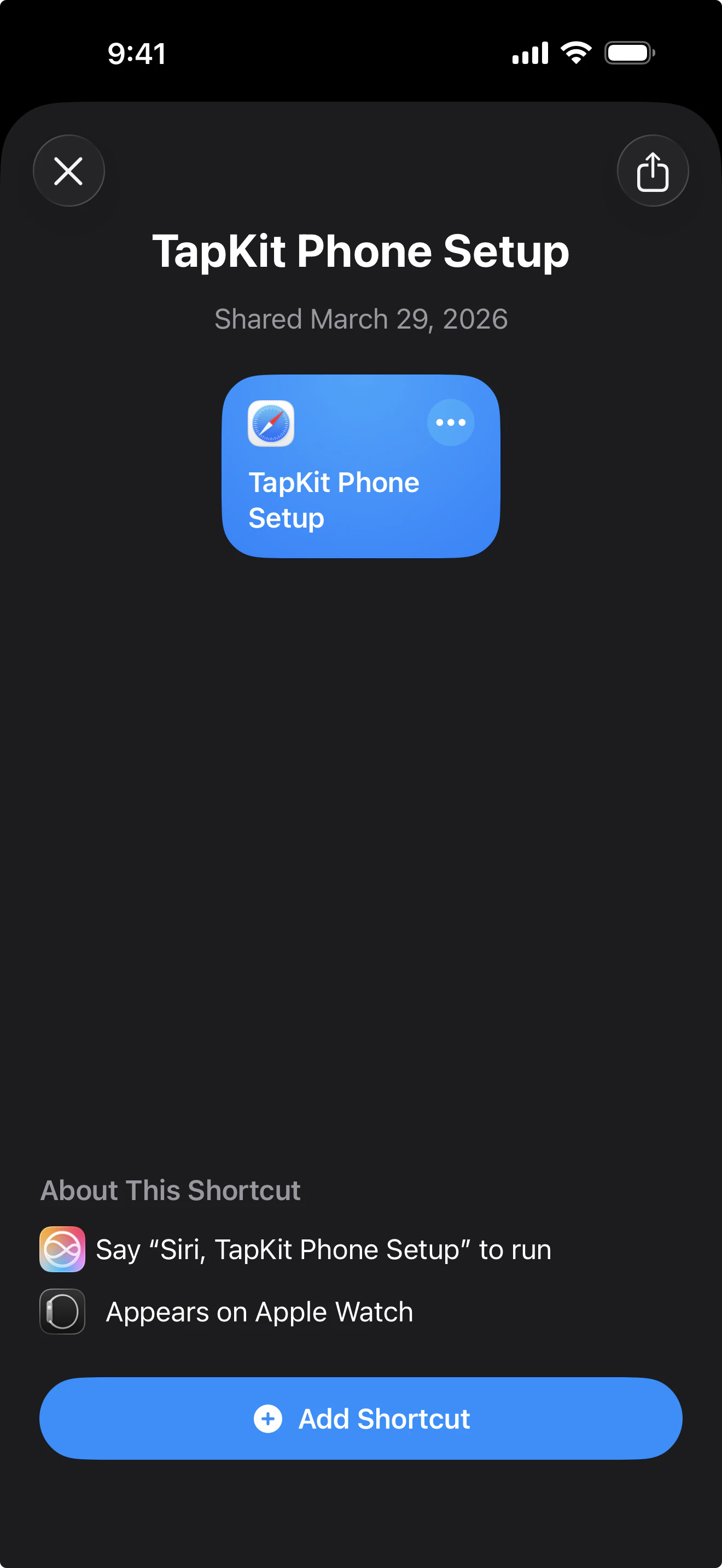 TapKit Phone Setup shortcut with Add Shortcut button