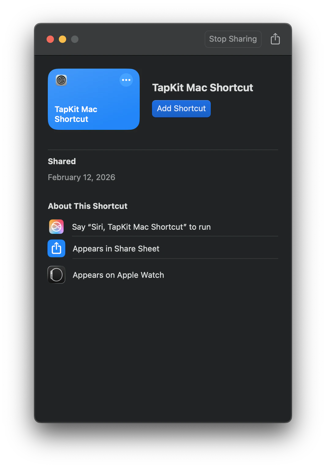 TapKit Mac Shortcut install prompt showing Add Shortcut button