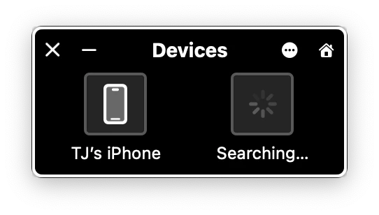 Switch Control Devices panel showing iPhone and Searching