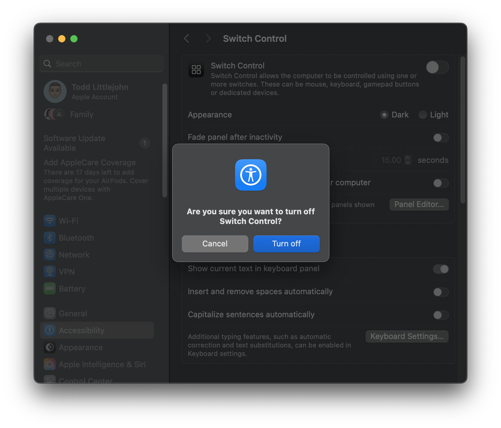 macOS dialog asking 'Are you sure you want to turn off Switch Control?' with Turn off button