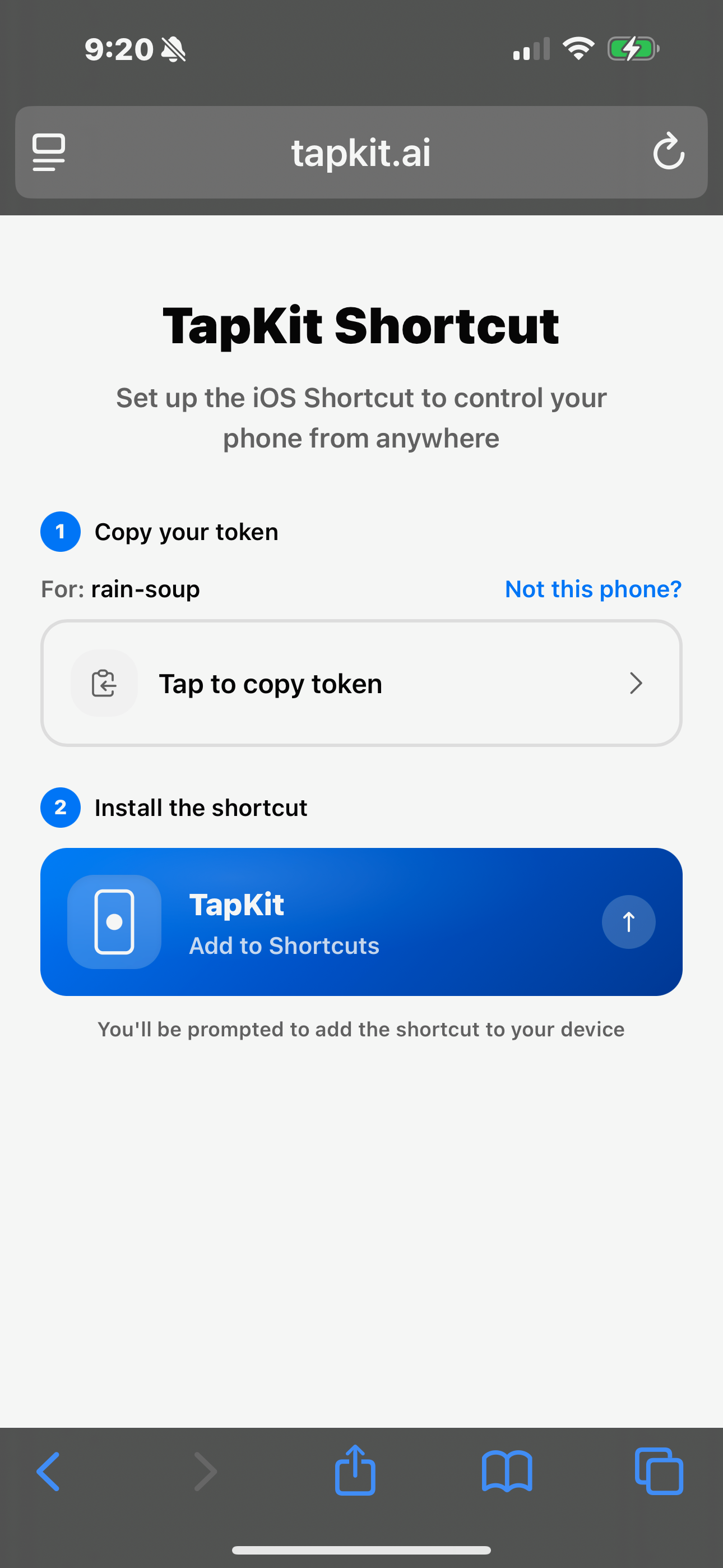 TapKit shortcut setup page