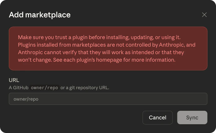 Add marketplace popup with URL field for owner/repo