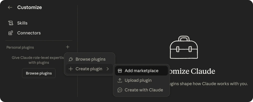 Customize sidebar showing Personal Plugins, Create Plugin, and Add Marketplace