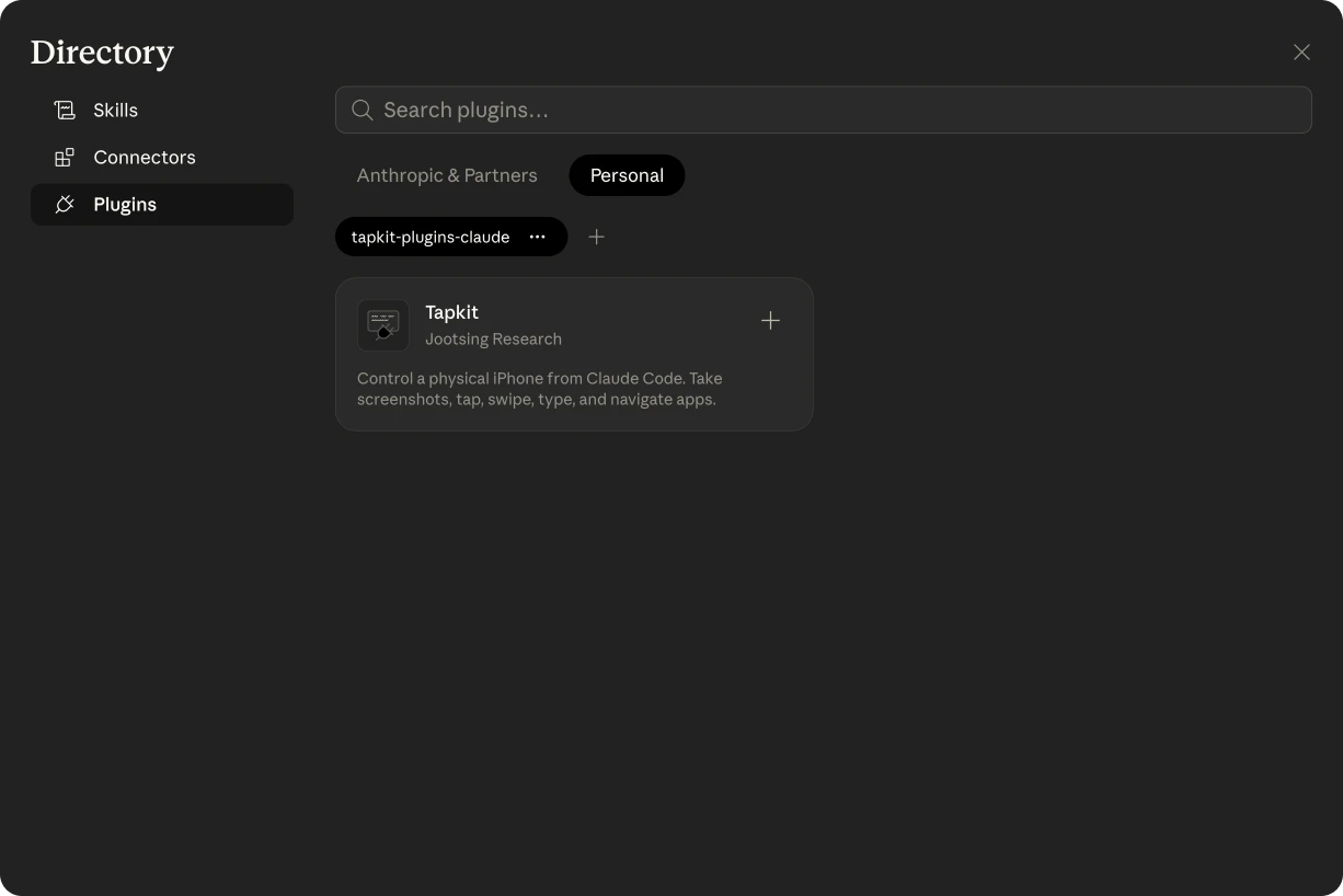 Personal tab showing tapkit-plugins-claude marketplace with Tapkit plugin