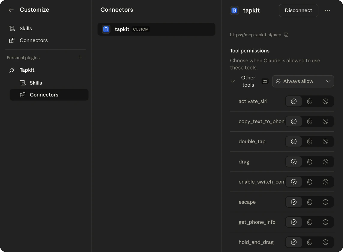 TapKit connector with Tool permissions set to Always allow