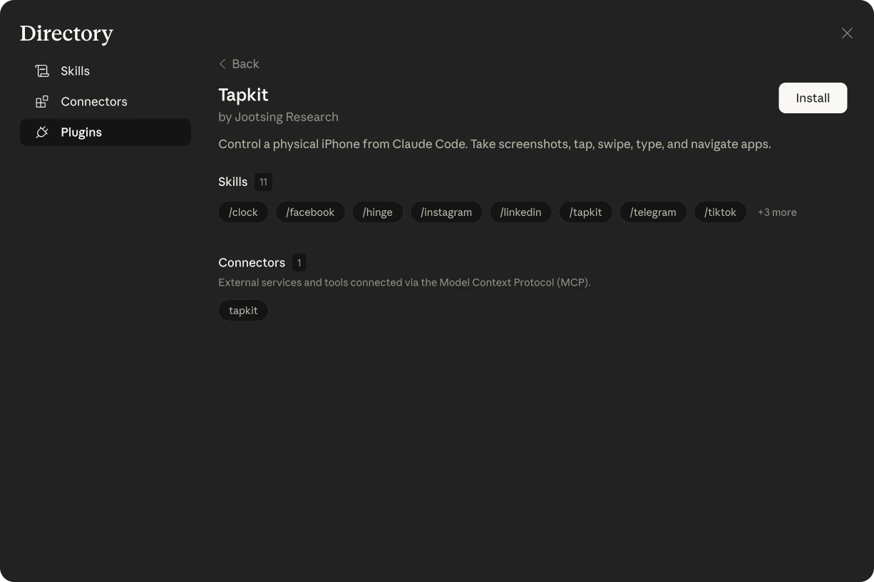 Tapkit plugin page with Install button, skills, and connectors
