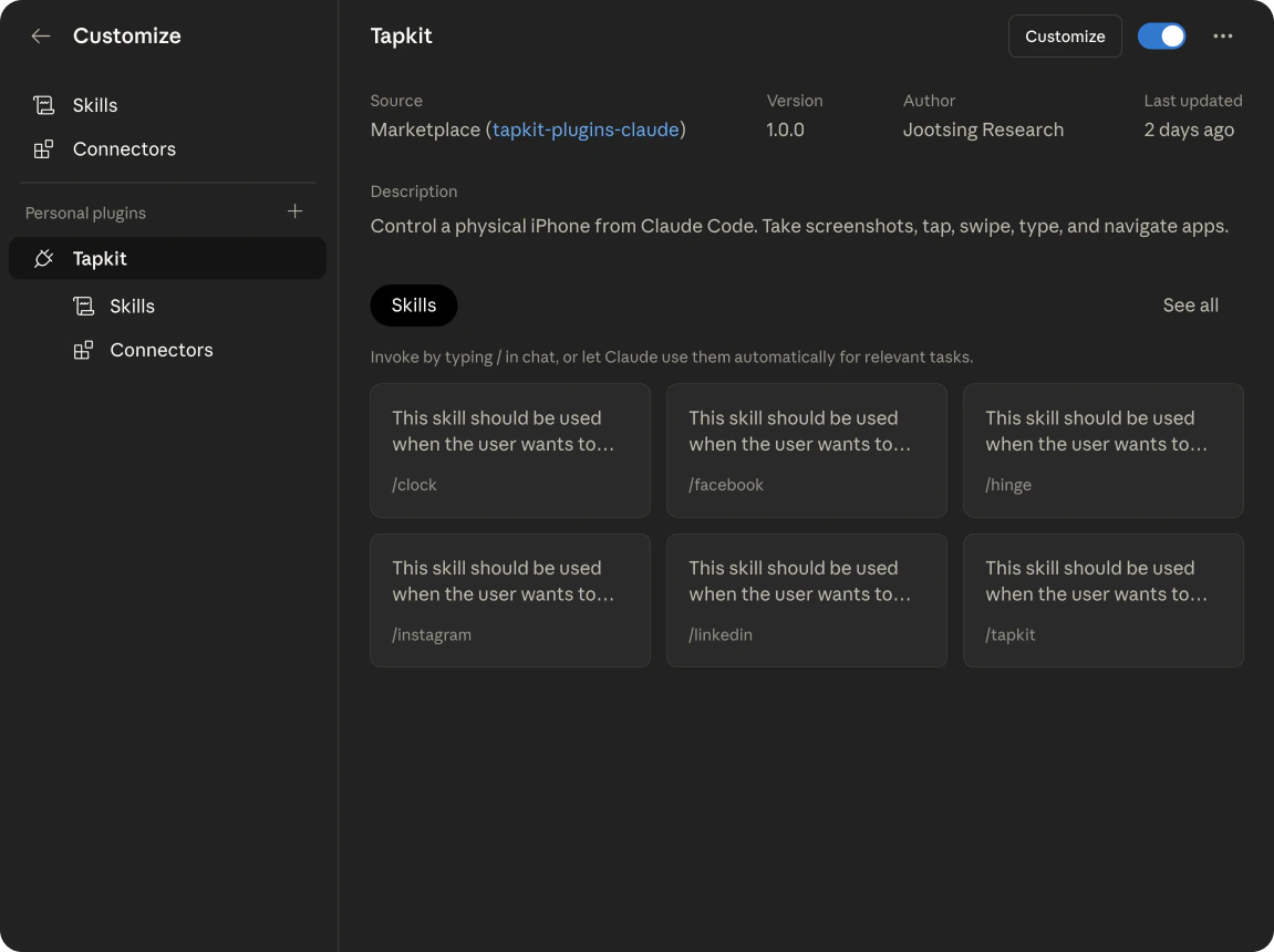 TapKit plugin in Customize sidebar showing Skills and Connectors