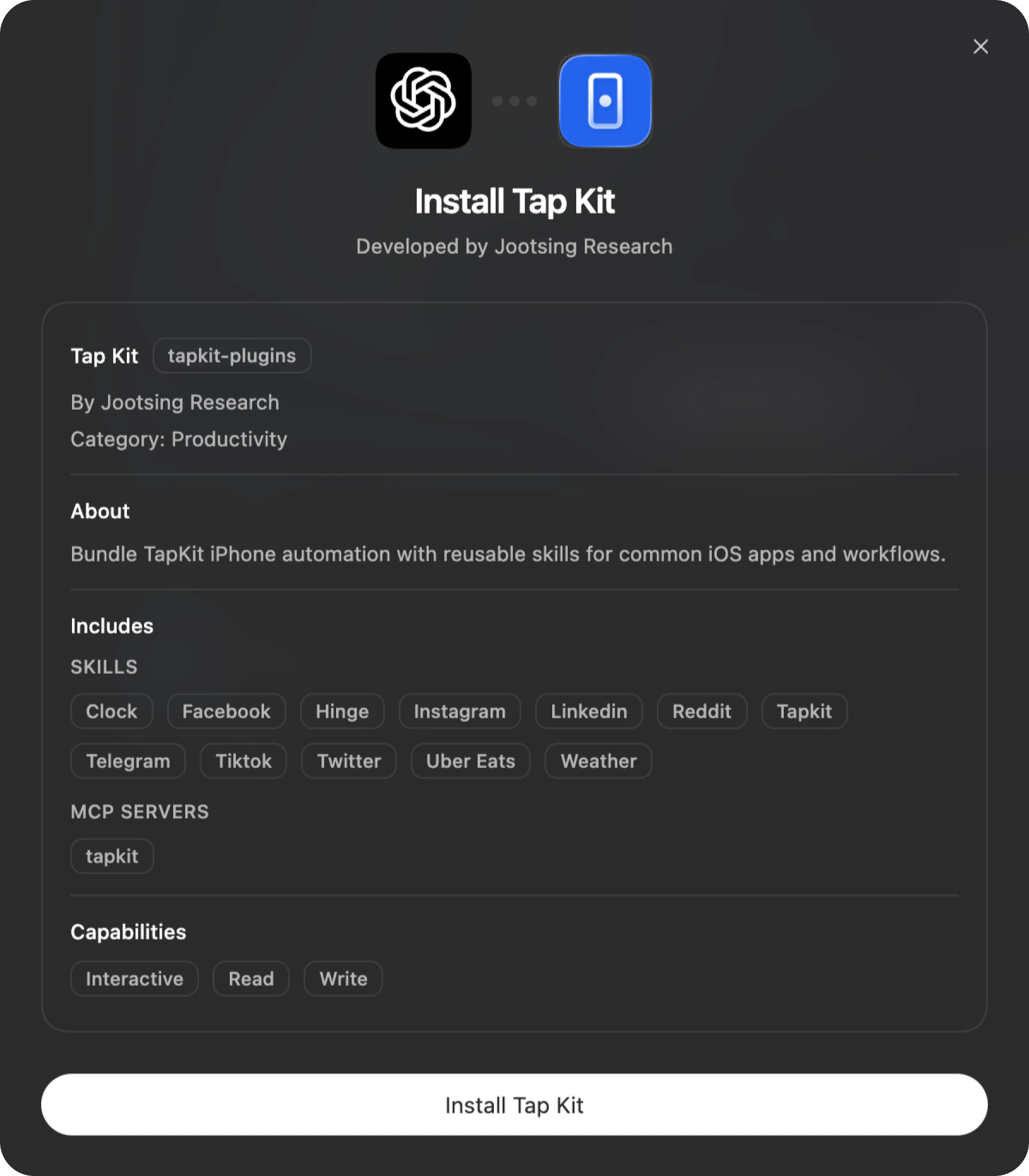 Install Tap Kit popup with Install Tap Kit button