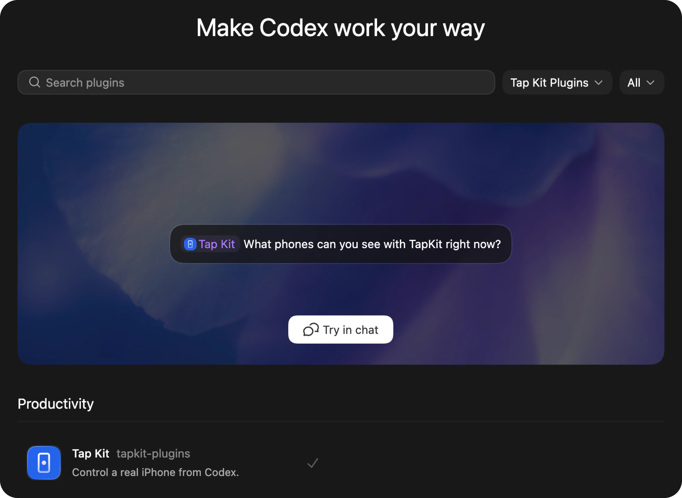 Codex plugins page showing Tap Kit installed with checkmark