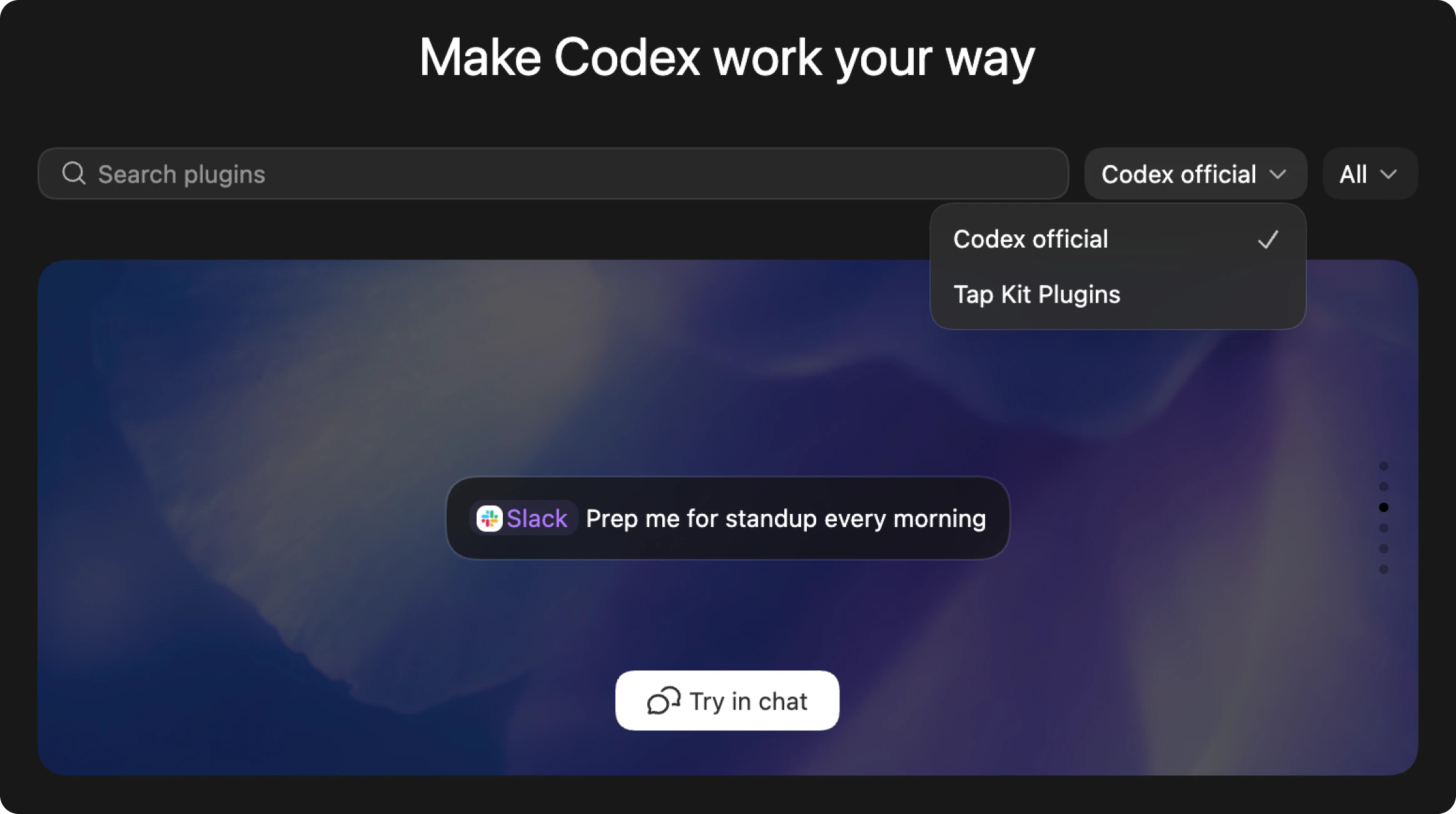 Codex plugins page marketplace dropdown showing Tap Kit Plugins