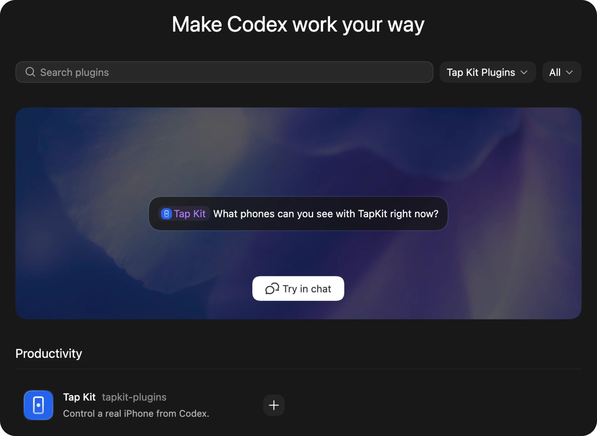 Codex plugins page showing Tap Kit with plus button