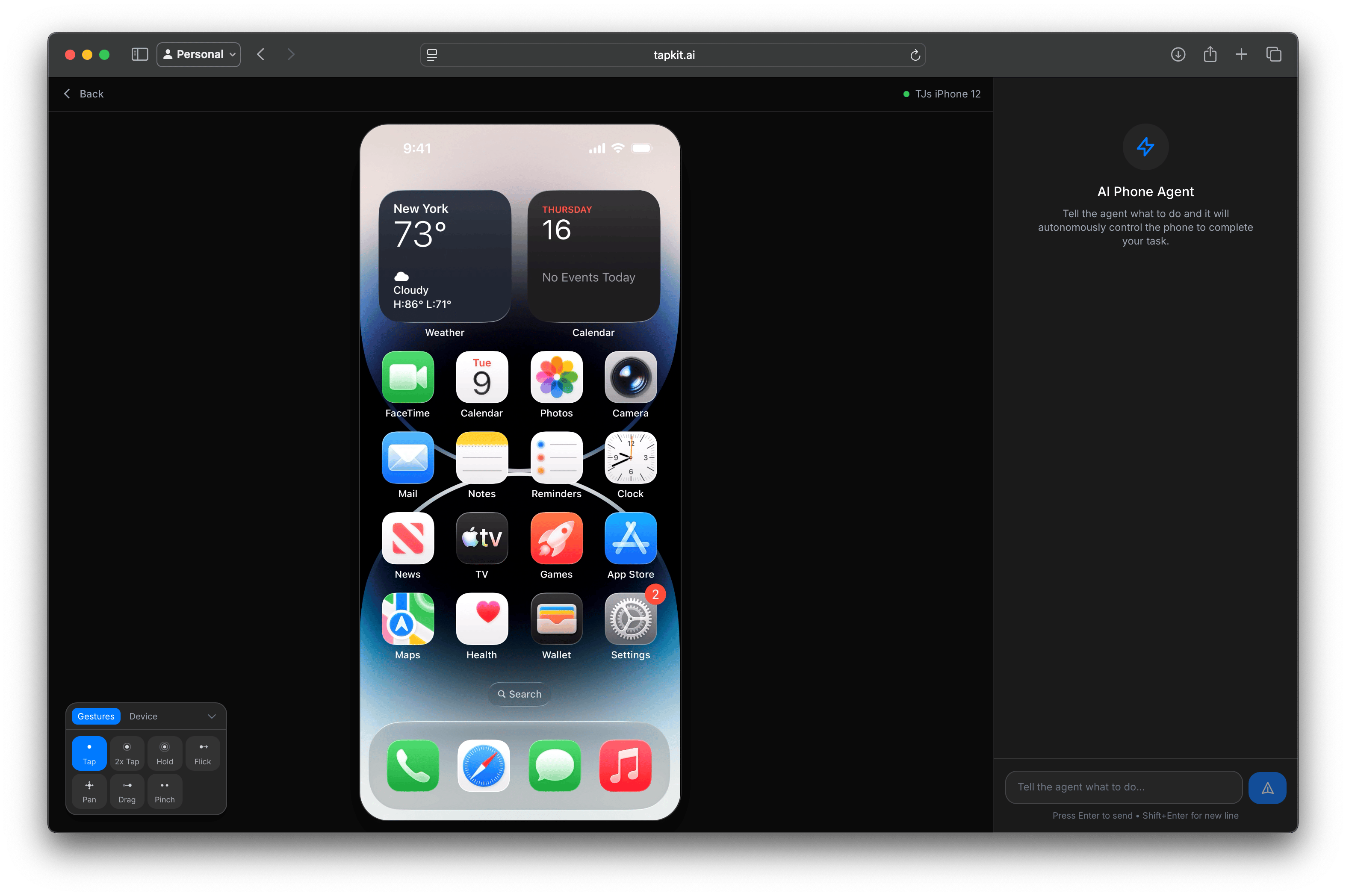 TapKit web app showing a phone's live stream