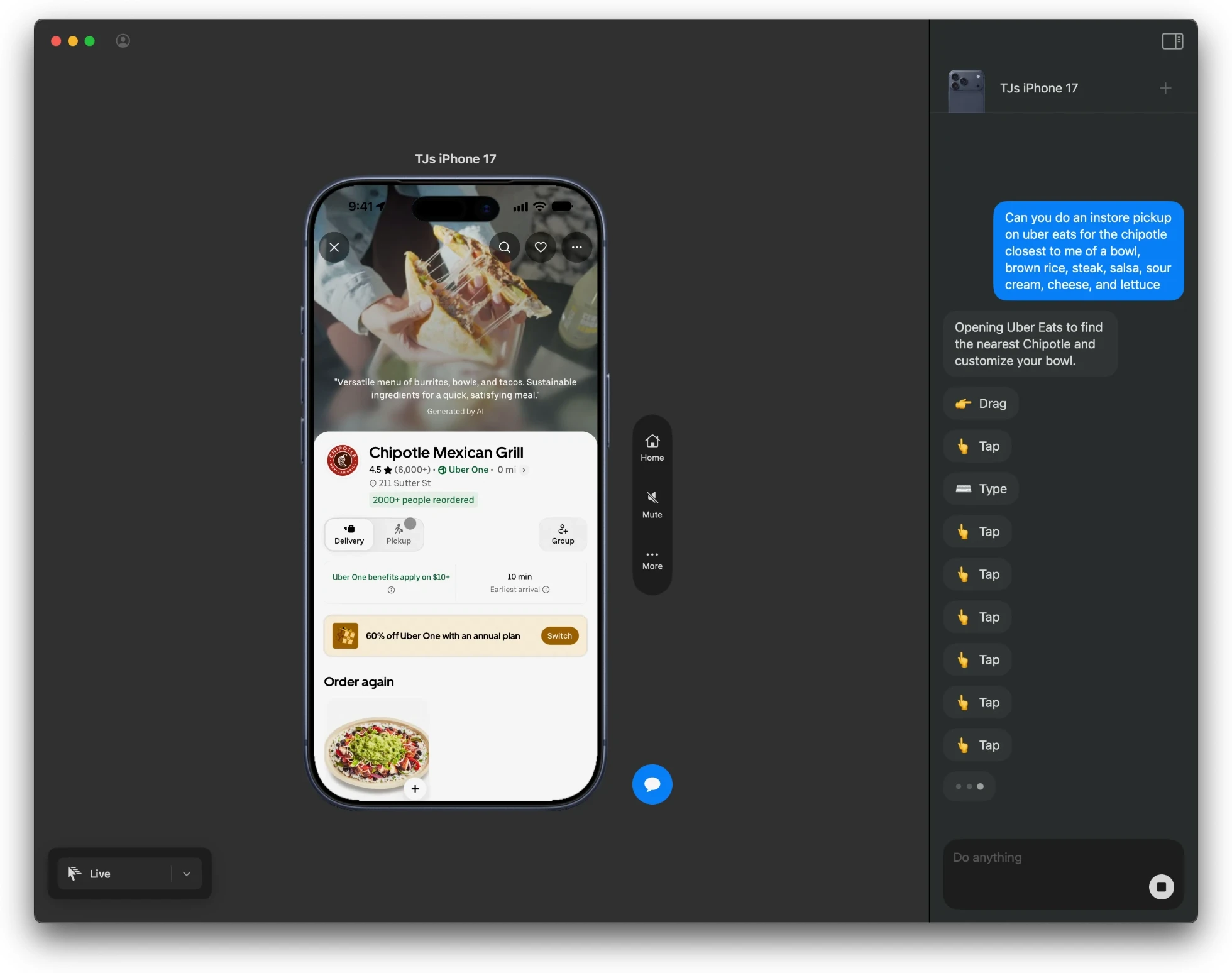 TapKit Mac app with a connected iPhone on the left and the agent chat on the right