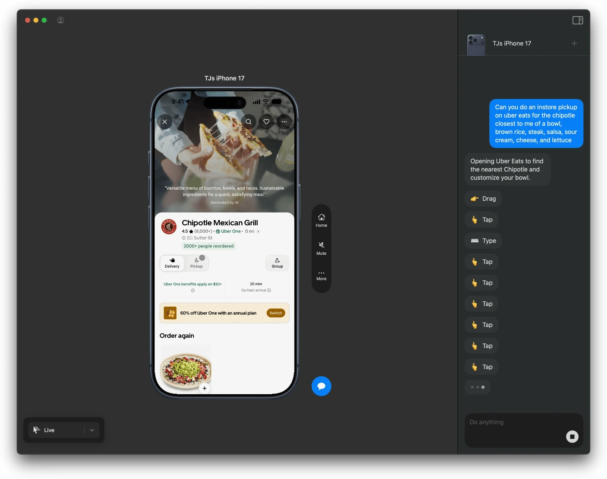 TapKit Mac app with a connected iPhone on the left and the agent chat on the right