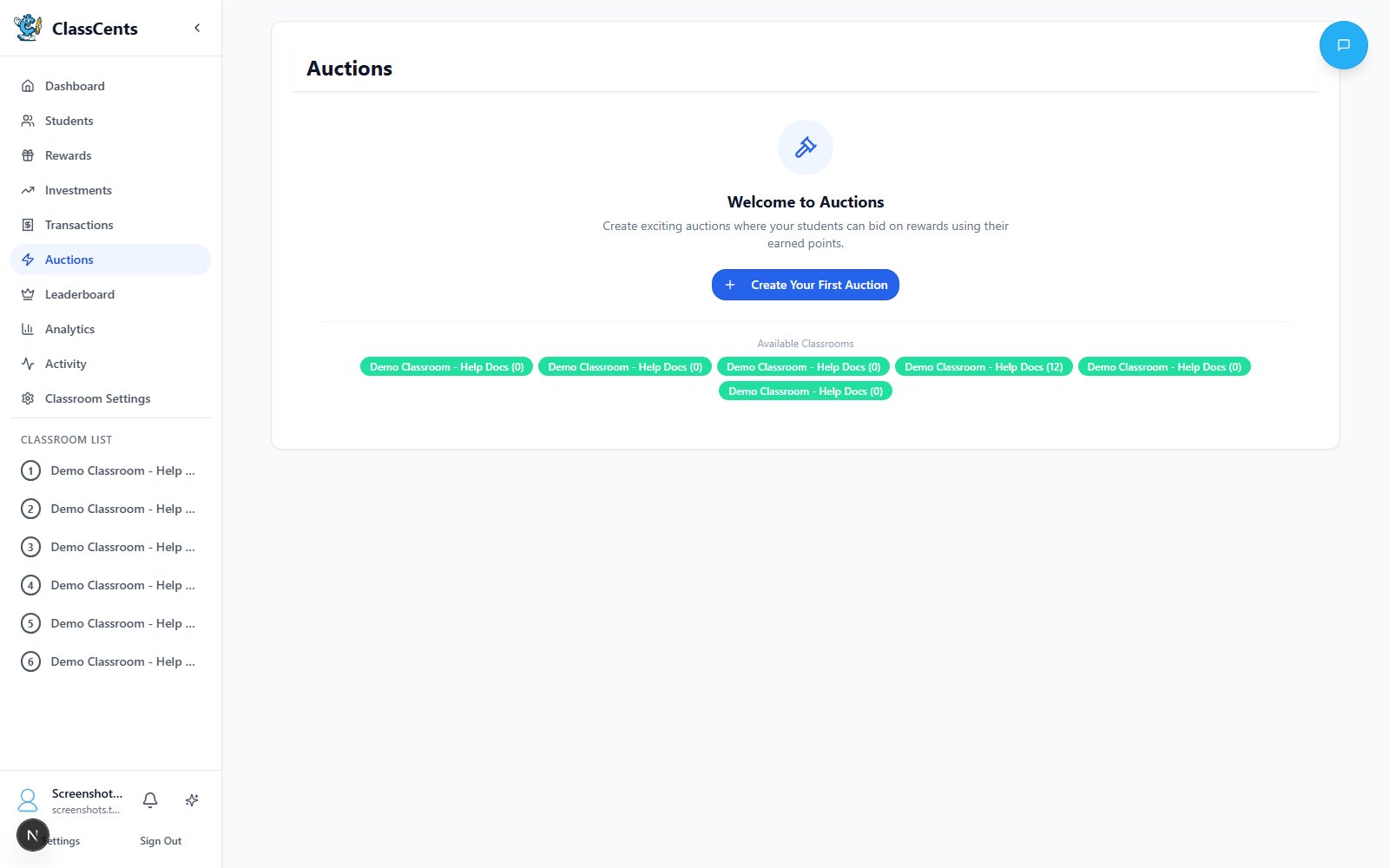Teacher auctions page with active auctions and create auction controls
